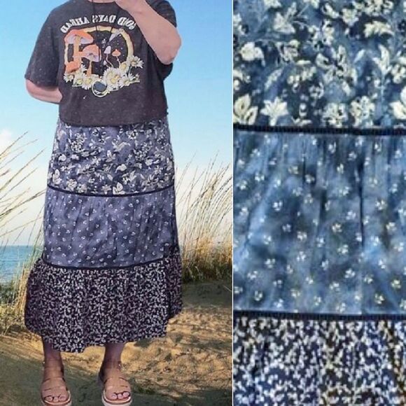 GAP Blue Mixed Tiered Floral Boho Cotton Midi Skirt Size Large Petite - Picture 1 of 14